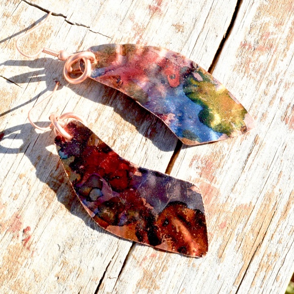 Abstract Geometric Rainbow Solid pure Copper Statement Earrings Hippie Handmade - Picture 2 of 3